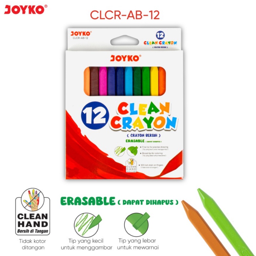 

IK! Clean Crayon Joyko 12 Warna CLCR-AB-12 Krayon Bersih Include Rautan