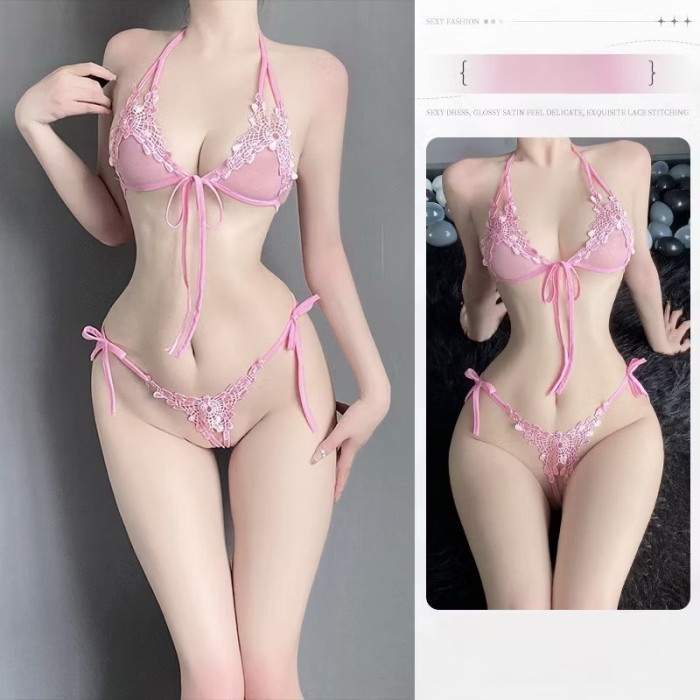 Lingerie Wanita Sexy Open Bra G String Big Size Bikini Malam Renda Set