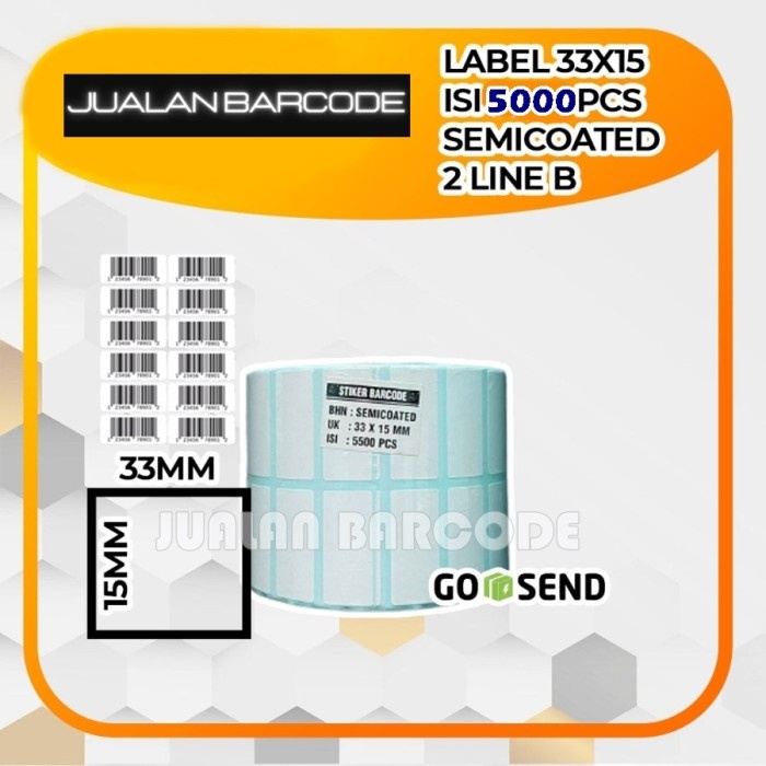 

New Label Sticker Barcode 33x15 Semicoated ( 2 Line isi 5000 pcs ) Core 1