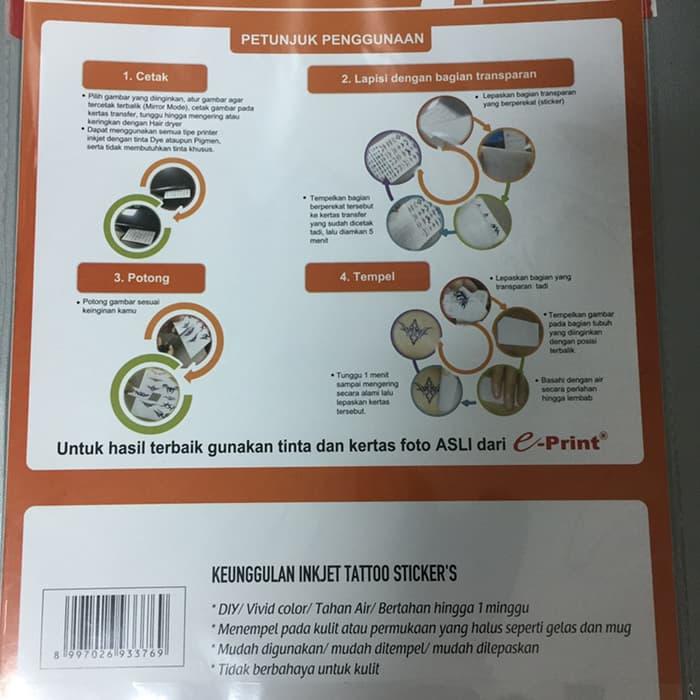 

KERTAS TATO STIKER E-PRINT INKJET TATTOO STICKER A4 200GSM ISI 5 LEMBAR EPRINT