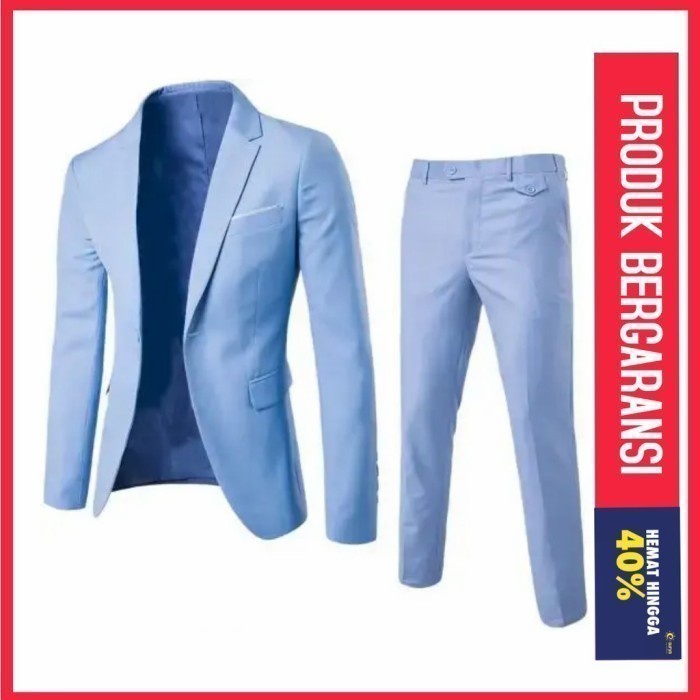 Promo Setelan Jas Blazer Pria Blazer Kerja Biru Muda - Biru Muda, Xs Ready