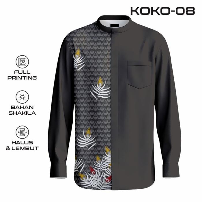 Zeno-Kemeja Koko Pria Motif Series Ramadhan Mubarak Islamic Batik Bunga Printing Tangan Pendek