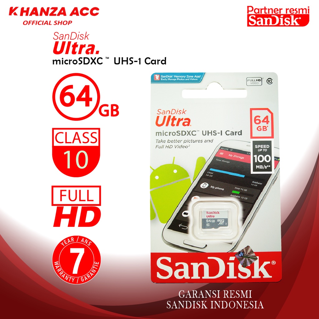 SANDISK ULTRA 64GB CLASS 10 KARTU MEMORI HP MICRO SD ORIGINAL BERGARANSI RESMI