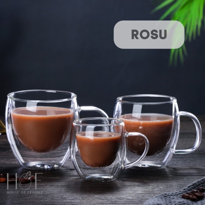 ROSU Gelas Kopi Double Wall Cangkir Teh Gelas Kaca Estetik Gelas Kafe
