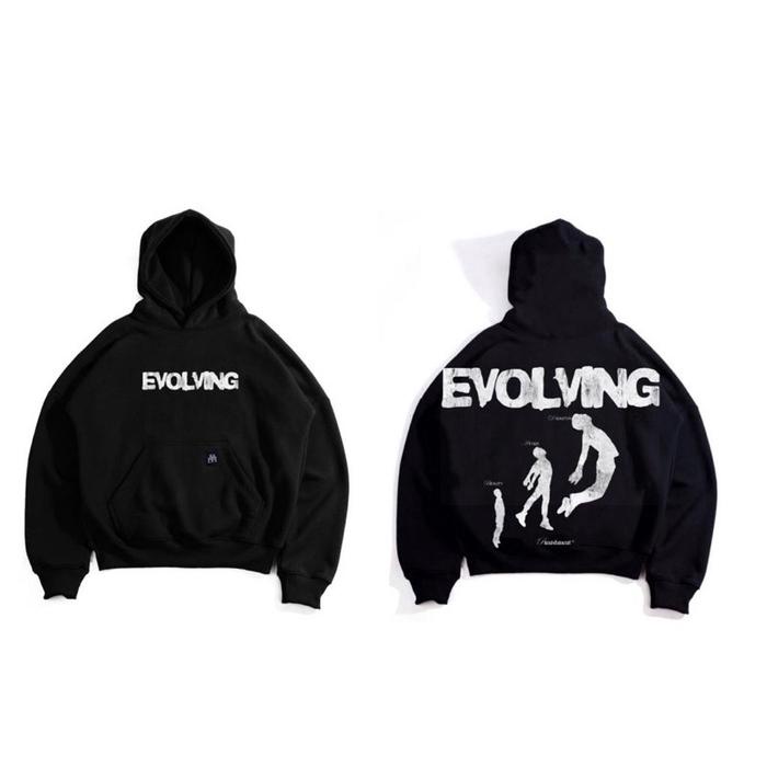 Sweater Hoodie Boxy Oversize Pria Wanita 280GSM Black Evolving hoodie sleeper Fleece Keren