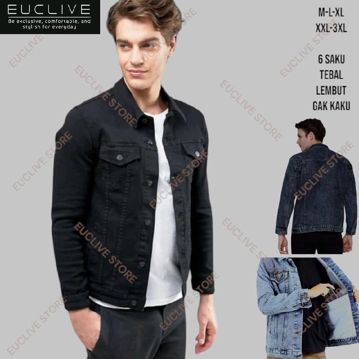 Lariss- Jaket Jeans Denim Premium Pria/Wanita All Size - Jumbo - Hitam Nyaman Adem Tebal Jaket &