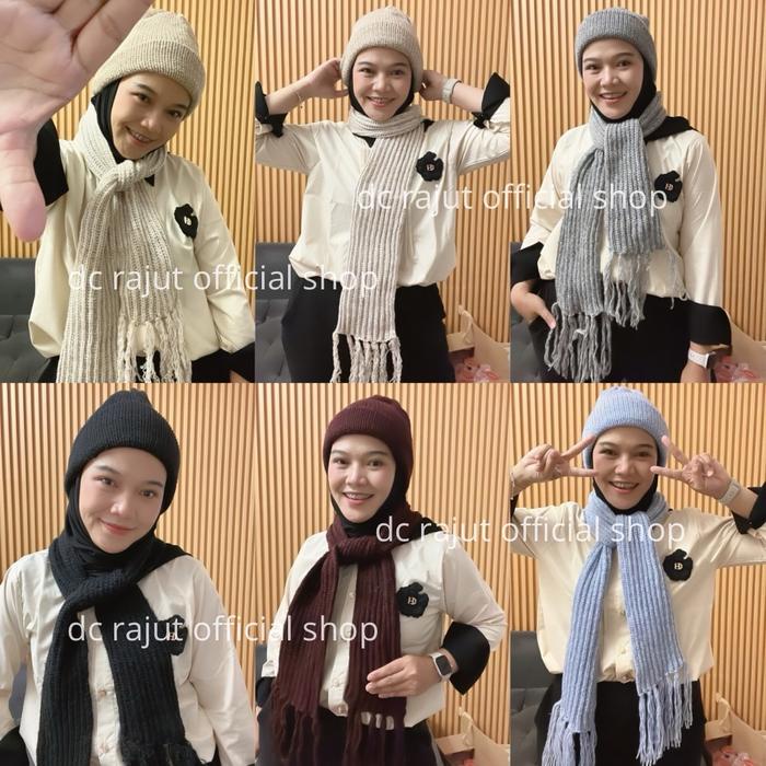 Cap- Set Kupluk Syal Dewasa Hat Topi Rajut Bromo Dieng Winter