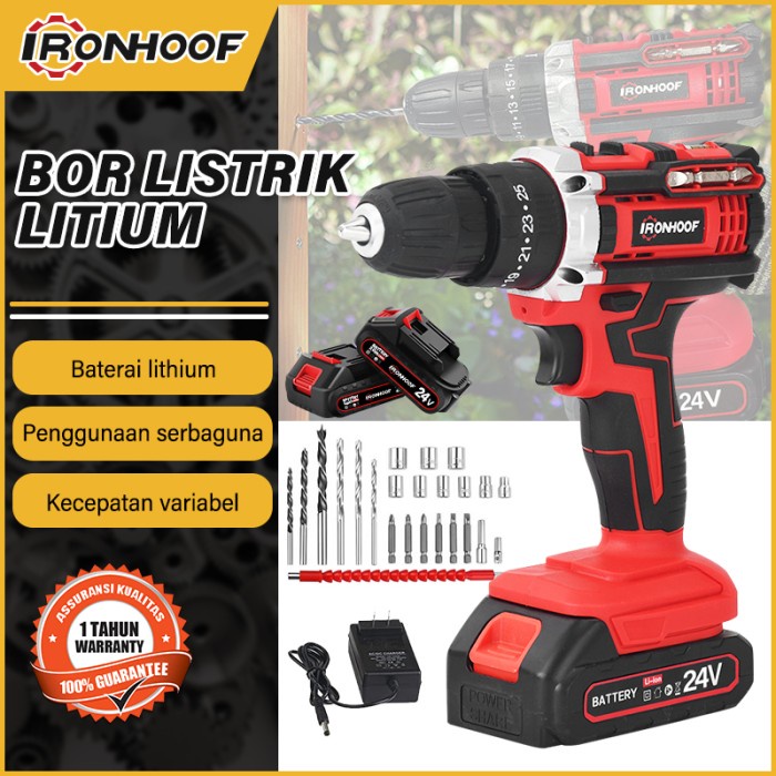 IRONHOOF Mesin Bor Listrik Bor Baterai Bor Tanpa kabel 24V Set Lengkap