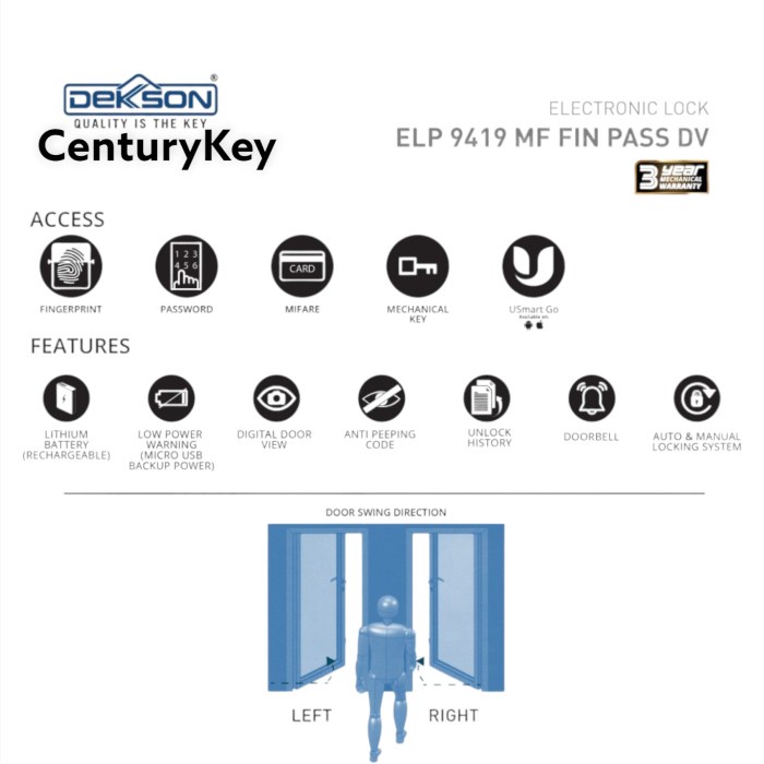 TOP ELECTRONIC LOCK DEKKSON ELP 9419 MF FIN PASS DV -