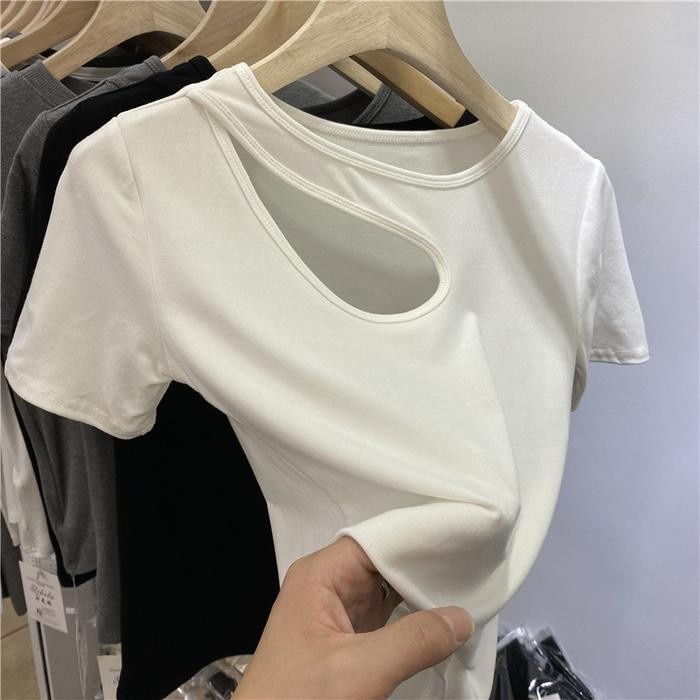 (Expert) khaefashionKaos Crop Top Halter Neck Baju Atasan Wanita T-Shirt Lengan Pendek Unfinished