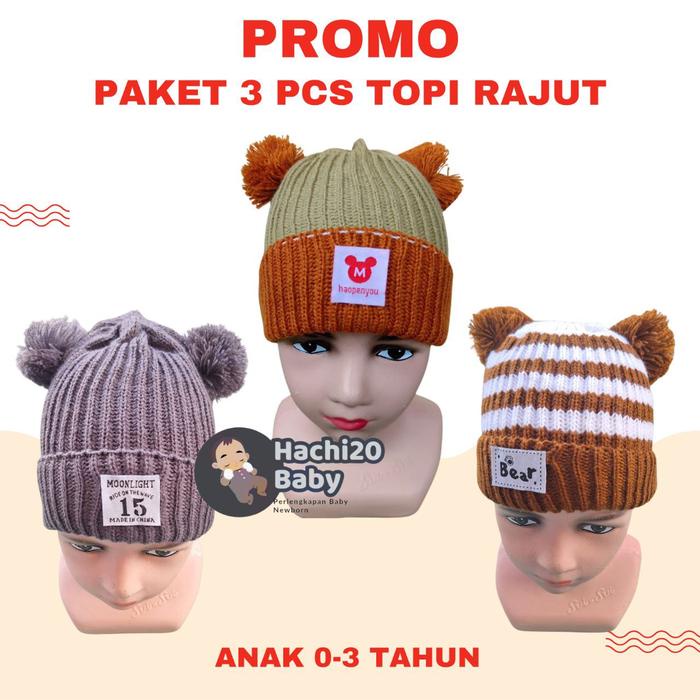 Miniqe- Paket Hemat 3 Pcs Topi Rajut Anak Model PomPom Bulu Lucu untuk Bayi 0-3 Tahun Laki Laki