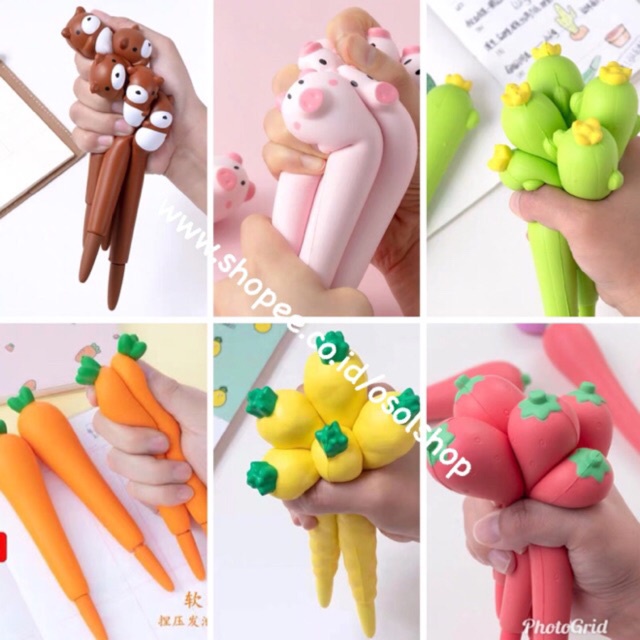 

TERMURAH! SATUAN PULPEN SQUISHY gel pen 0.38mm piggy carrot cactus penguin bear pineapple strawberry