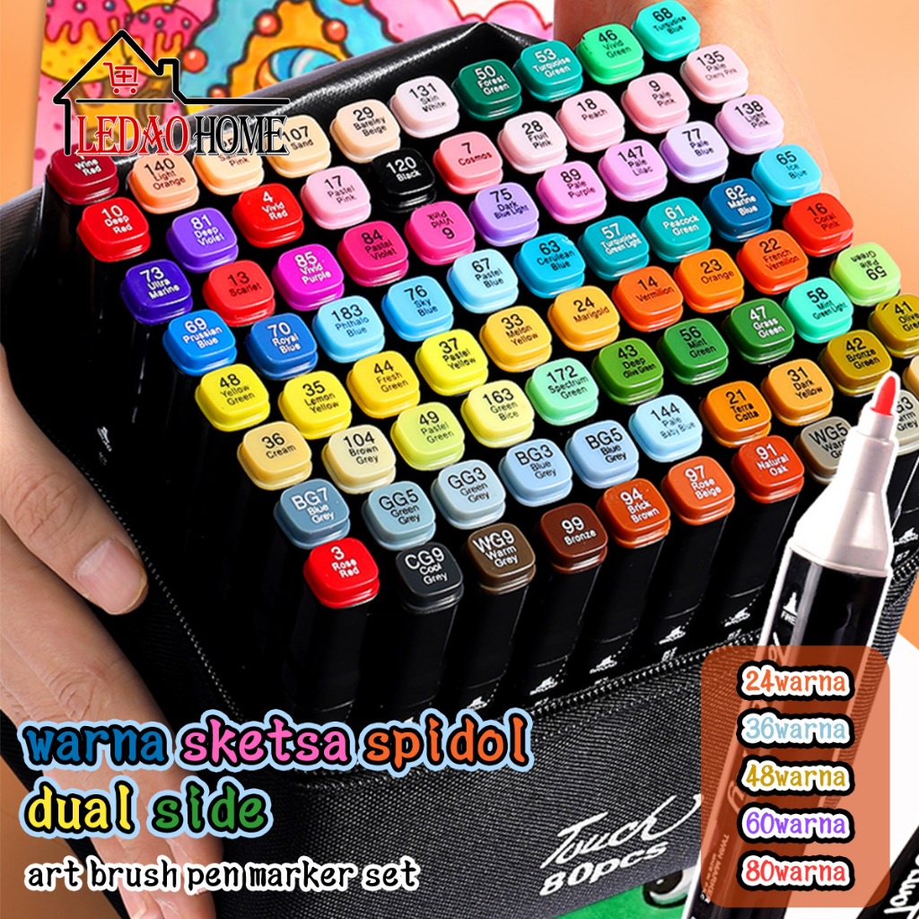 

LEDAOHOME 2 in 1 Spidol dan Stabilo Touch Isi 24/36/48/60/80 Warna Dual Side Fine Art Brush Pen
