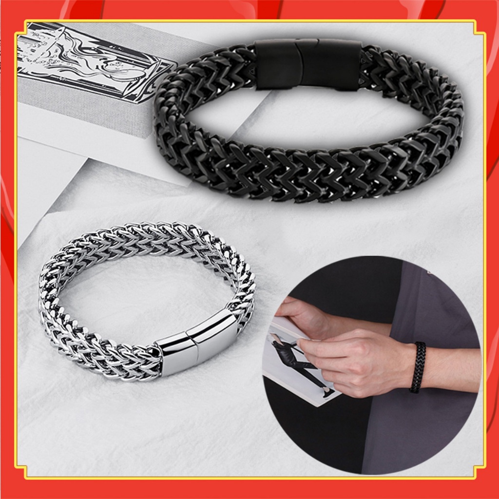 COD Gelang Tangan Strap Rantai Ganda Untuk Pria Titanium Steel Anti Karat Warna Hitam / Silver Dw05