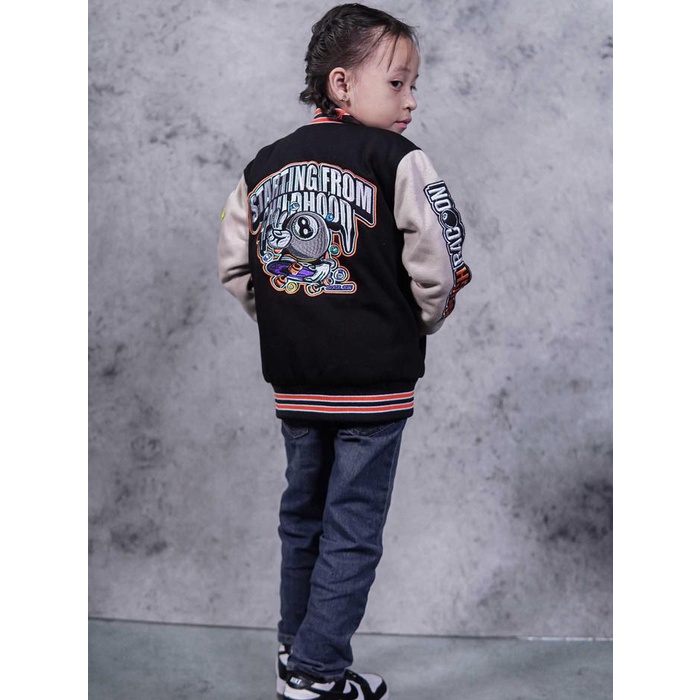 Stycil- jaket varsity baseball anak HITAM BILLIARD full Bordir Motif Fashion