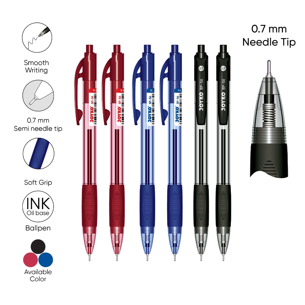 

(12 Pcs) Pulpen Bolpen Pen Klik JOYKO BP-56 Needle Tip Tebal 0.7 mm Warna Tinta Lengkap Hitam Black