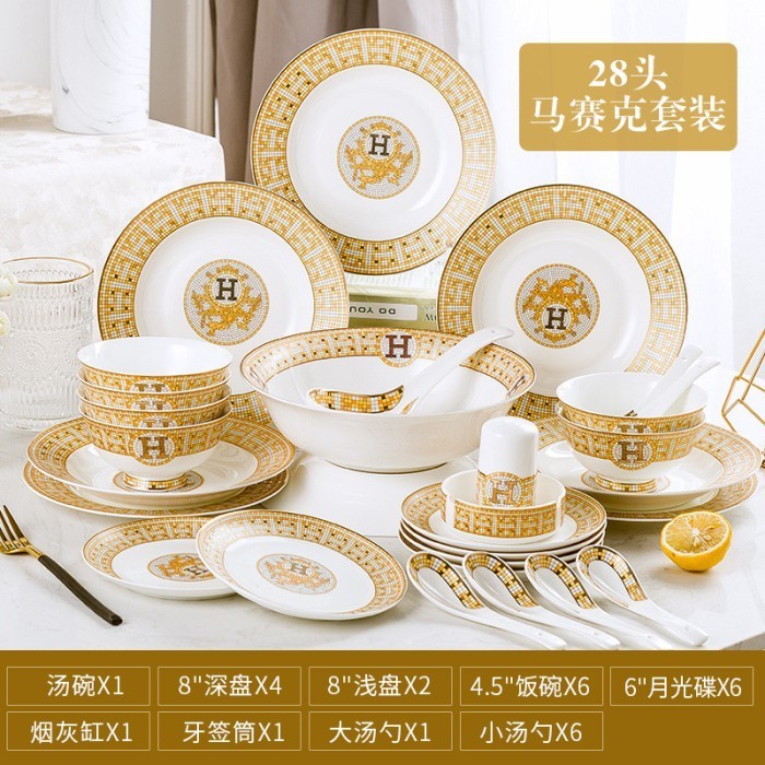 Piring Makan Hermes Set Keramik isi 60pcs/ Hadiah Kado Wedding Mewah Kitchenware