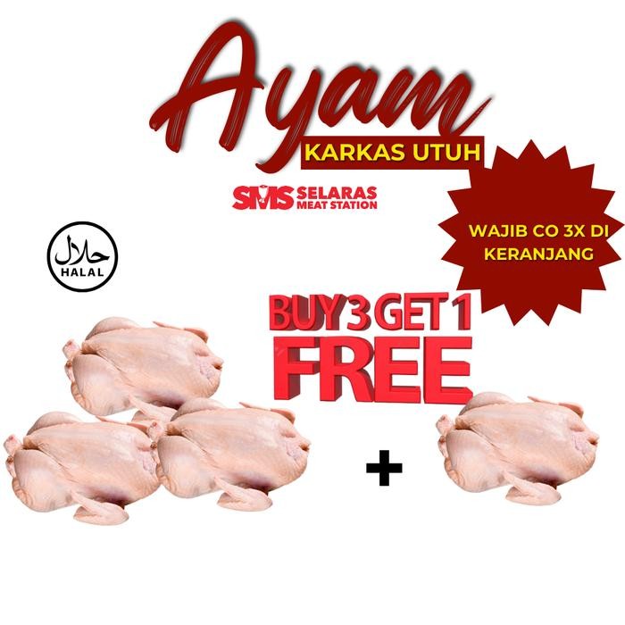 

Kirim,HariYgSama- Paket Hemat Buy 3 Get 1 Free Ayam Karkas Utuh 1 ekor Frozen Ayam Broiler Halal Tangerang