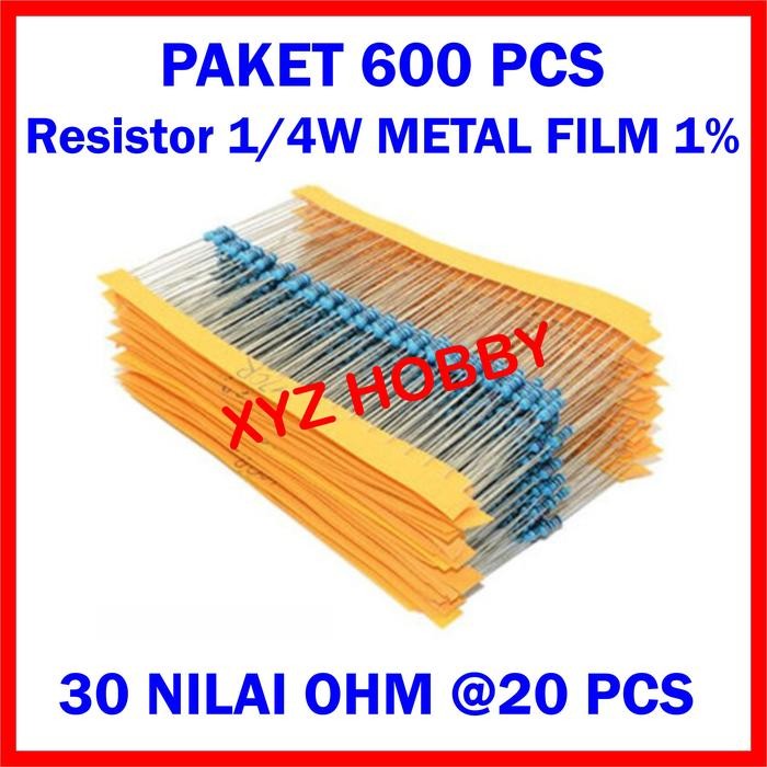 PAKET 600PCS RESISTOR PACK 1/4W 1% METAL FILM 30 UKURAN @20PCS 600 PCS