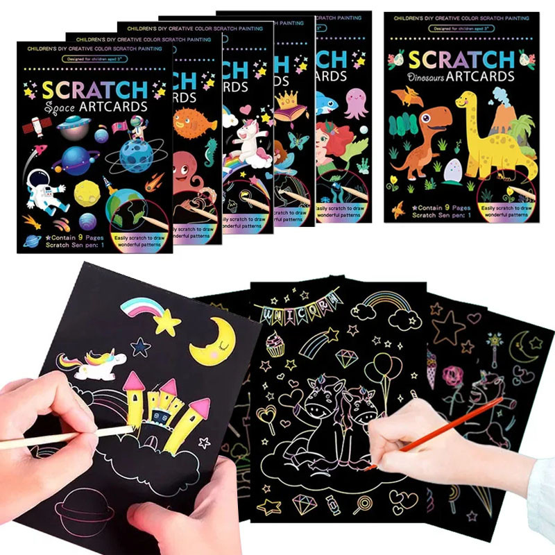 

Rainbow Color Scratch Art Painting Paper Card Kit Cartoon Dinosaur Magic Drawing Board Kids Diy