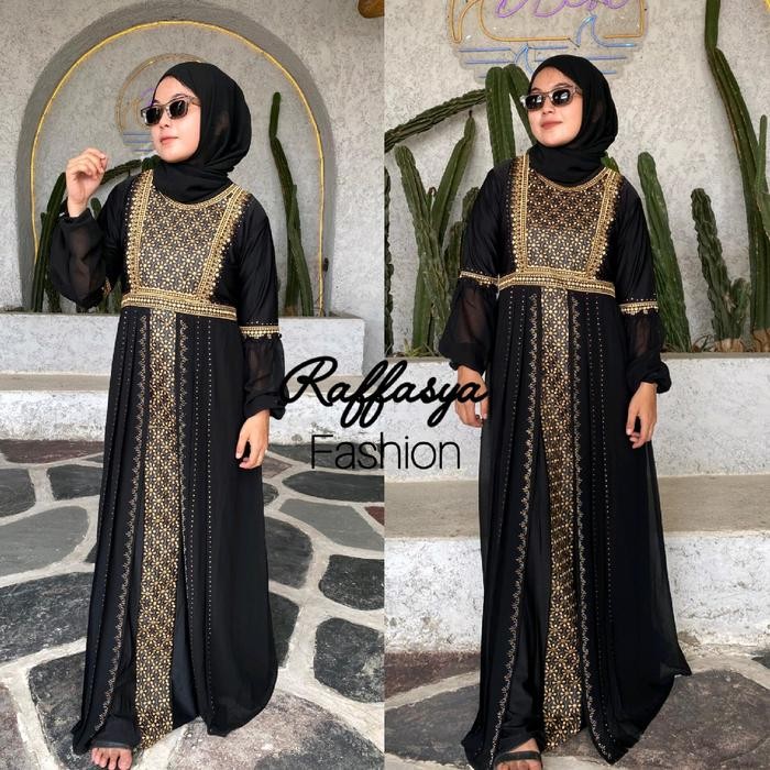Busanae- GAMIS ABAYA TURKEY BORDIR SAFIRA COKLAT SILVER Hitam Kombinasi Sports L abaya hitam lengan