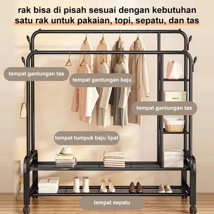 Rak Besi Gantungan Baju Pakaian 150CM Rak Baju Serbaguna Gantungan Baju Berdiri Dengan Roda