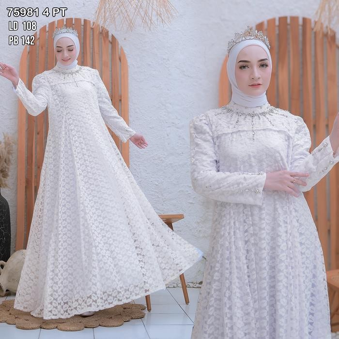 Layali- Gamis Brokat Tile Mutiara Motif Daun 75981 Baju Muslim Panjang Vima Mewah
