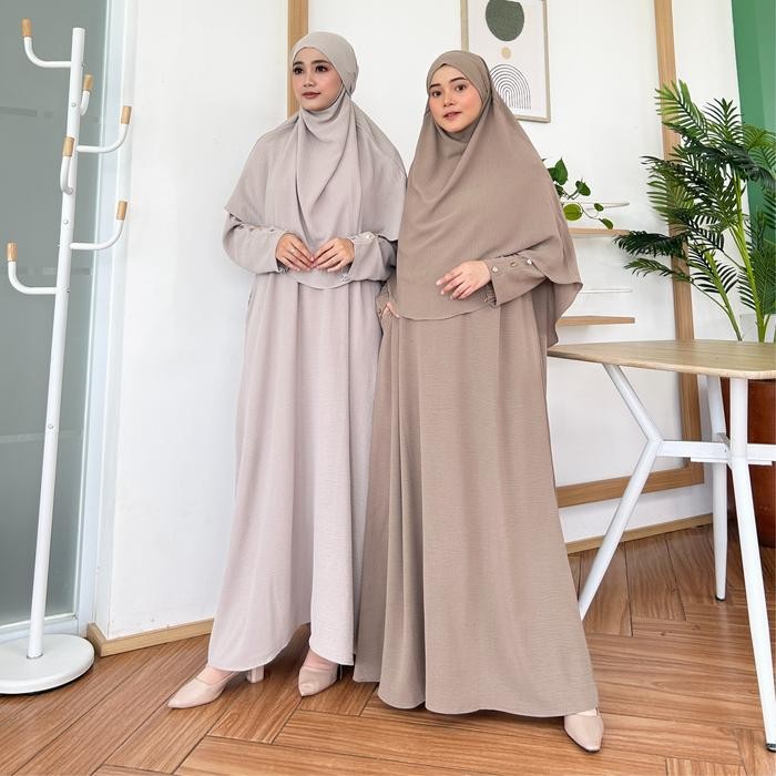 Mosya- Zahwa Official Marwah Dress Gamis Abaya Premium Set French Khimar Bahan Crinkle Airflow