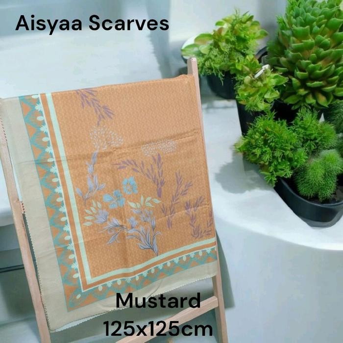 cantikk- Hijab Segiempat Motif Seri Warna Kuning/Yellow Mustard/Kunyit Dgn Kemasan Pouch cantik