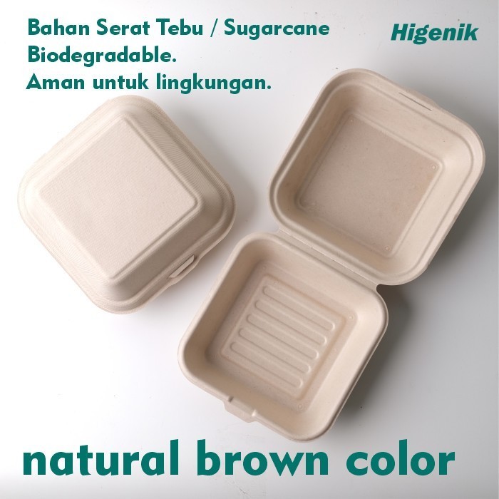 LANGSUNG GAS. BAGASSE LUNCH BOX 6 INCH 15X15CM MATERIAL SUGARCANE ECO FRIENDLY / SERAT TEBU / CAKE