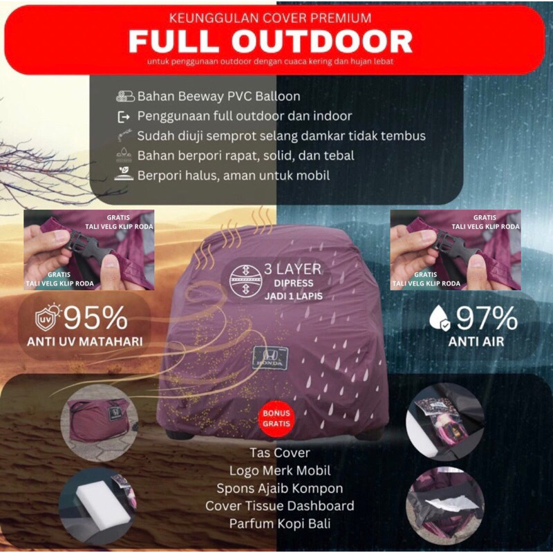 D'Coverin Cover Mobil FULL OUTDOOR Dijamin Asli TAHAN HUJAN Waterproof 99% Bahan OUTDOOR Dijamin Pas