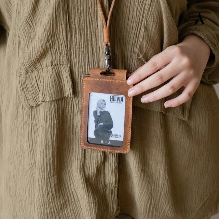 

Ready- Landyard Sean Id Card Name Tag Kulit Sapi Asli Card Holder Double Flip