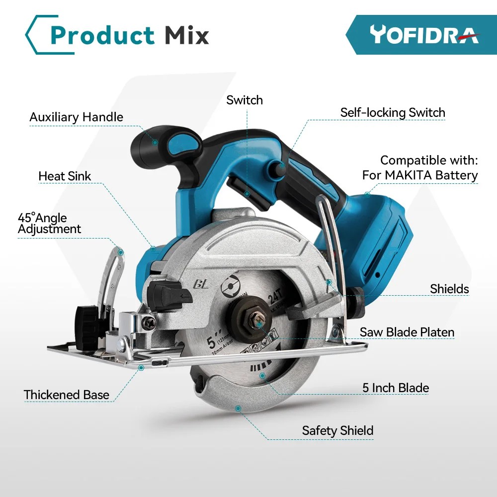 Yofidra 5 Inch Brushless Circular Saw125mm Multifunctional Cutting Tool Cordless Electric Chainsaw F