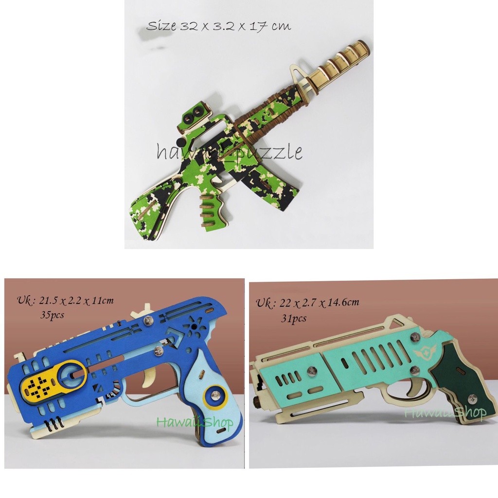 Puzzle 3D DIY bahan kayu model RUBBER BAND GUN PISTOL SENAPAN mainan puzzle edukasi anak