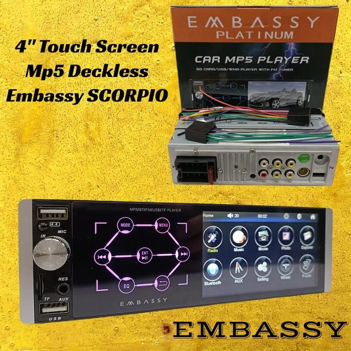 Tape mobil single din embassy mp5 layar sentuh Lcd 4 inch