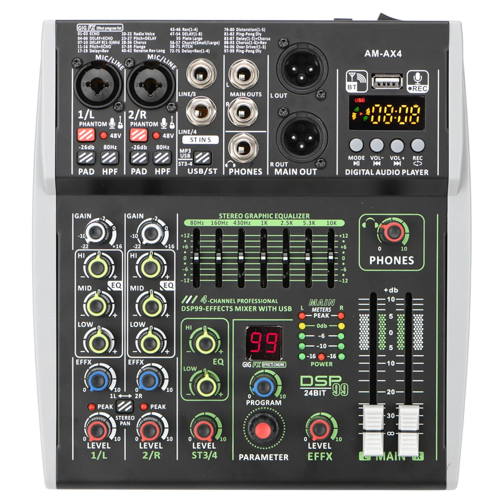 Lomeho Mixer Audio Digital 4 Channel Dsp 99 Effects Bluetooth - Am-Ax4