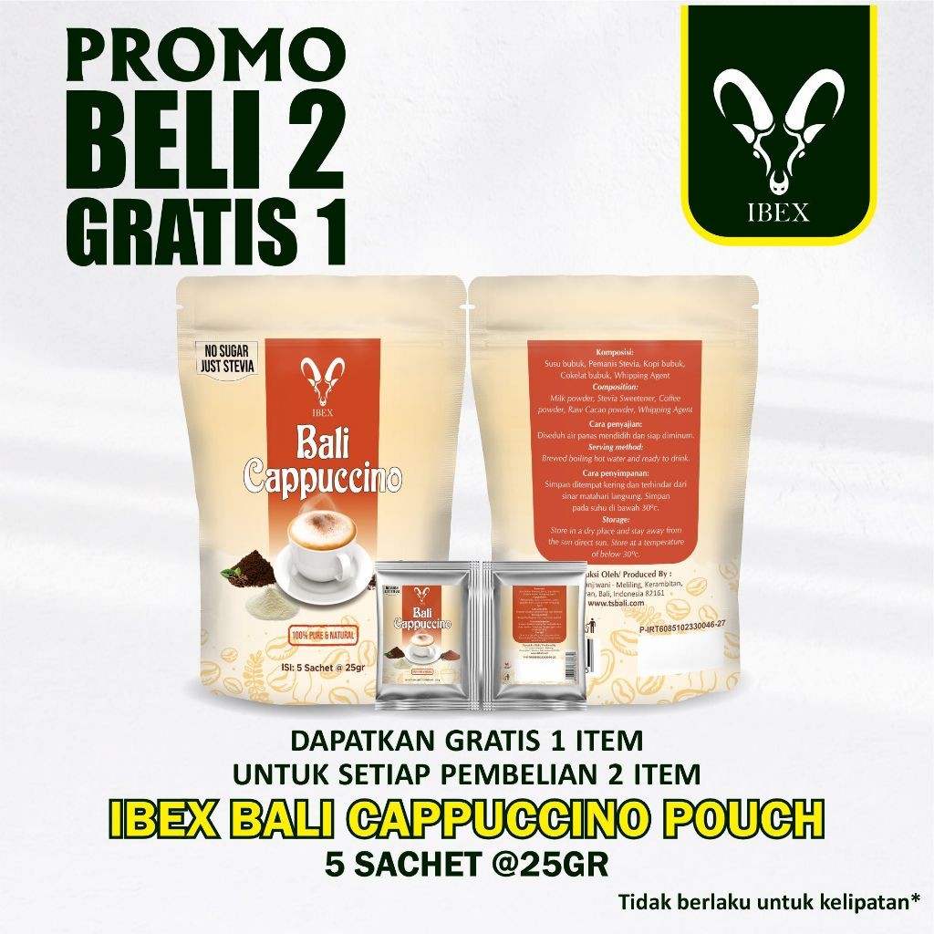 

BUY 2 GET 1 FREE! IBEX Bali Cappucino / Kopi Bali Capucino / Kopi Capucino / Kapucino Kopi 25gr x 5