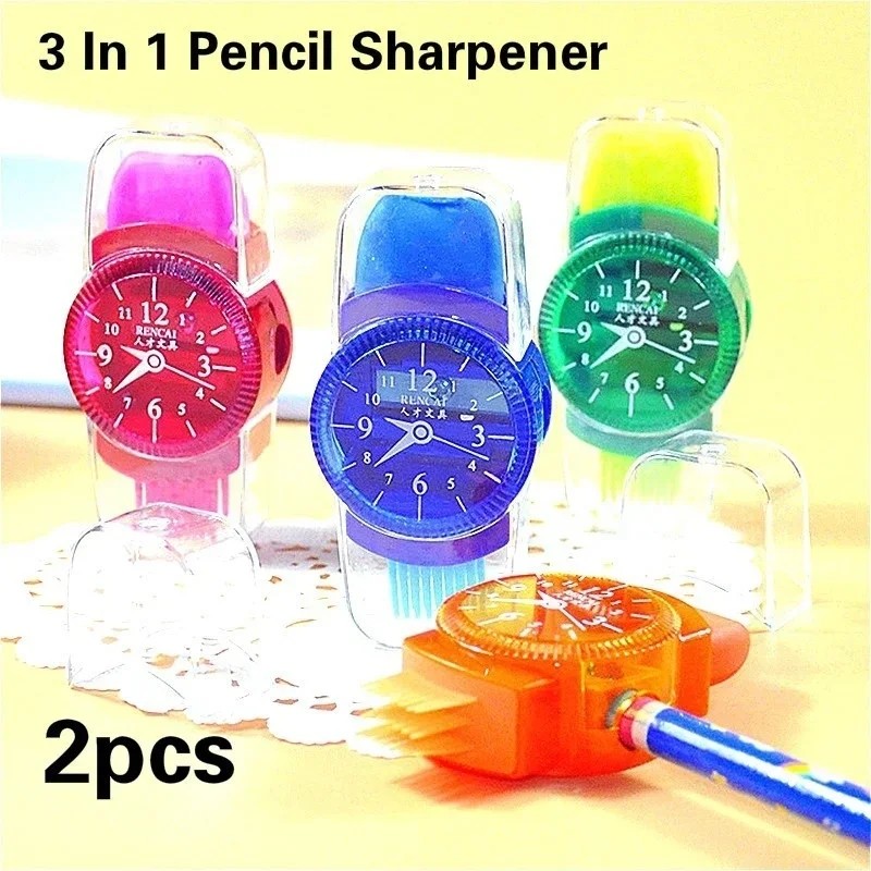 

2Pcs 3 In 1 Pencil Sharpener Wristwatch Modeling With Eraser And Brush Lovely Kawaii School