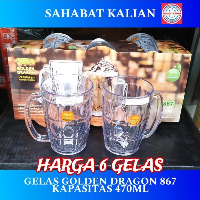terbaru  (6 pcs) gelas gagang golden dragon 867 470ml ready