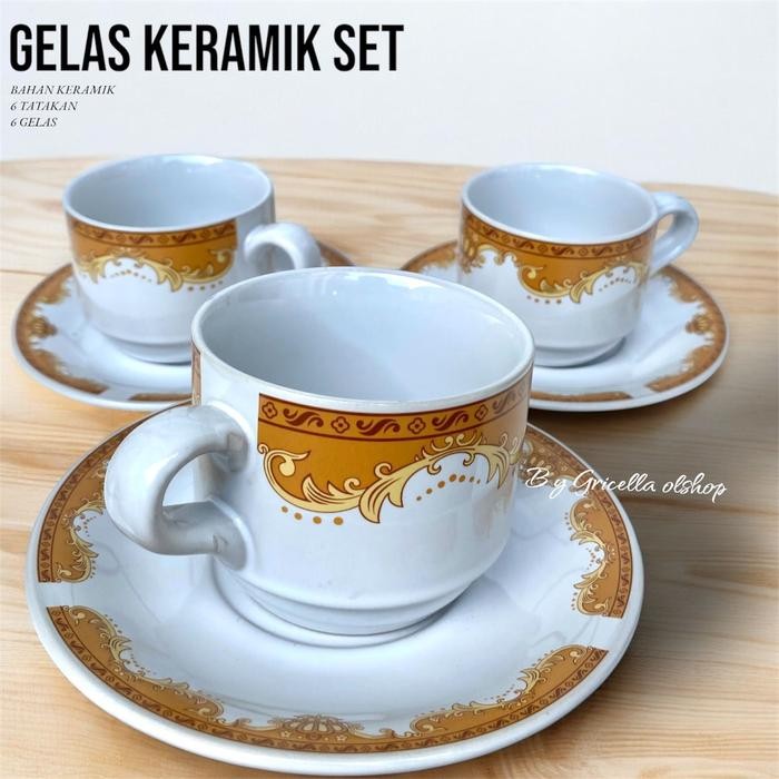 terbaru  set gelas keramik mawah motif mahkota gold cantik - 12 pcs (6 gelas + 6 piring saucer)