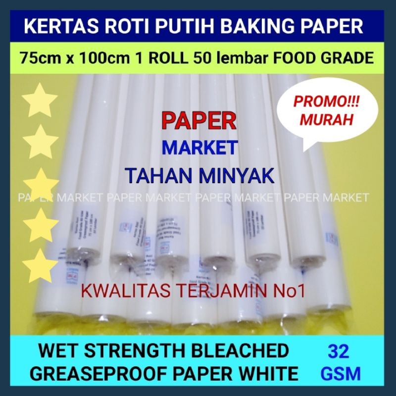 

Kertas Roti Putih ASEPROOF PAPER WHITE 32 GSM 75 x 100cm - 1 roll (50 lembar)