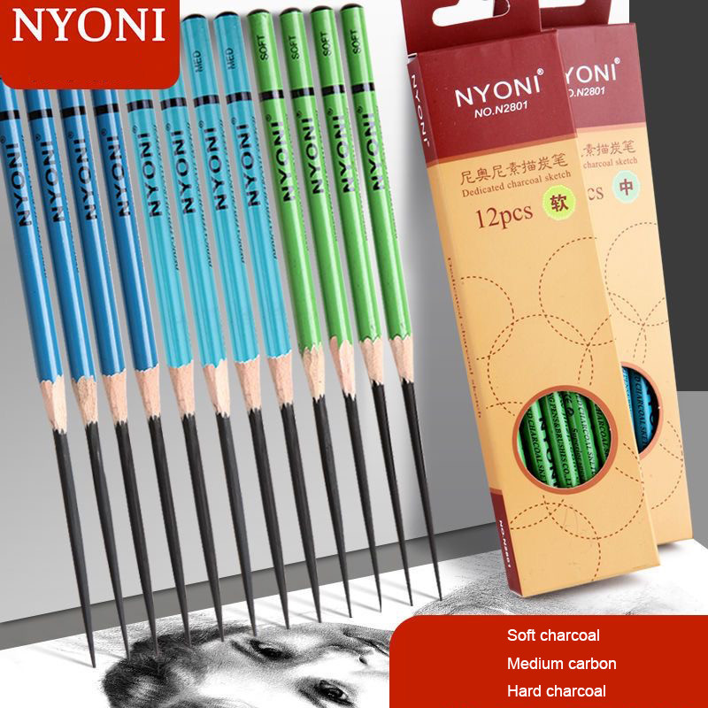 

12Pcs Nyoni Sketch Charcoal Pencil N2801 S.Soft / Soft/ Medium / Hard / Carbon Drawing Basic Art