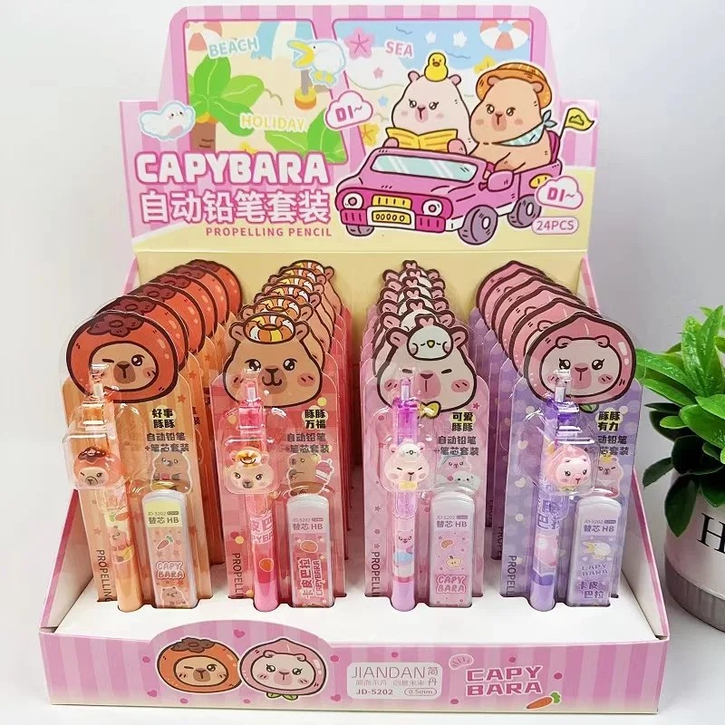 

4Set Resin Doll Cartoon Capybara Stationery Set 0.5Mm Refill Automatic Pencil Kawaii Plastic