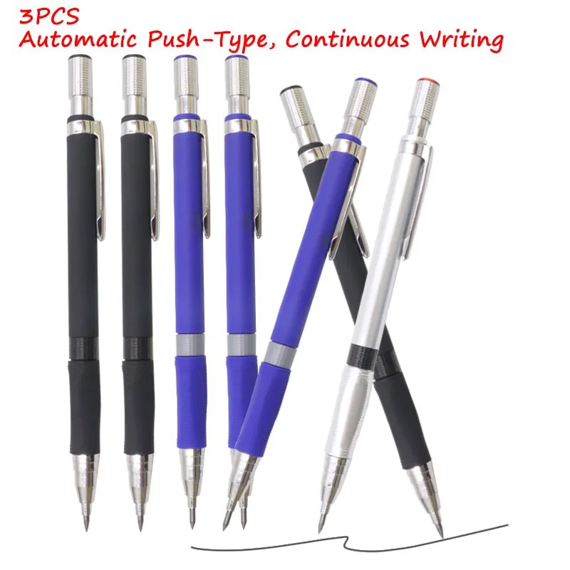 

3Pcs Mechanical Pencils, 2.0Mm Drafting Pencil, Black/Blue/Silvery, Ergonomic Grip, Smooth Writing