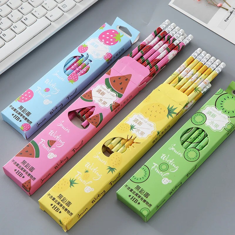 

12Pcs/Set Kawaii Fruit Hb Pencil Cute Strawberry Wooden Drawing Pencil With Rubber Sketch Pen Kids
