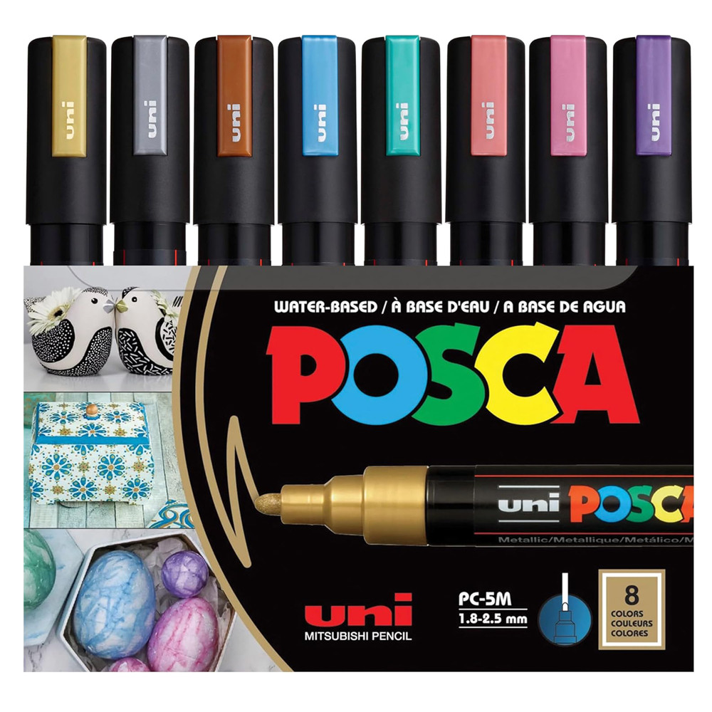 

Posca Markers Set, 8 Medium Paint Markers 5M Metallic Tones Gold, Silver, Bronze, Metallic Blue,