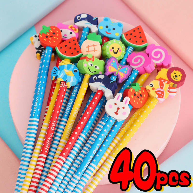 

40Pcs Cute Cartoon Animal Hb Pencils School Supplies Wooden Pencil With Removable Eraser Erasable