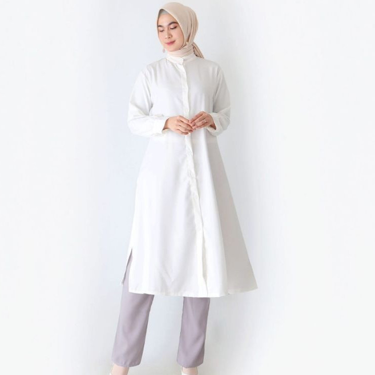 PROMO / baju longdress tunik kemeja basic polos kerja polos wanita lengan panjang hitam putih jumbo
