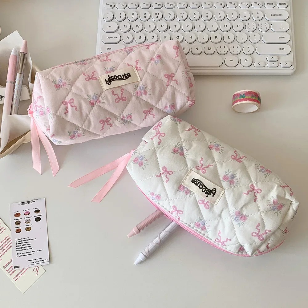 

Ins Korean Cute Sweetheart Bow Pencil Case Aesthetic Portable Girl Makeup Bag Pouch Stationery