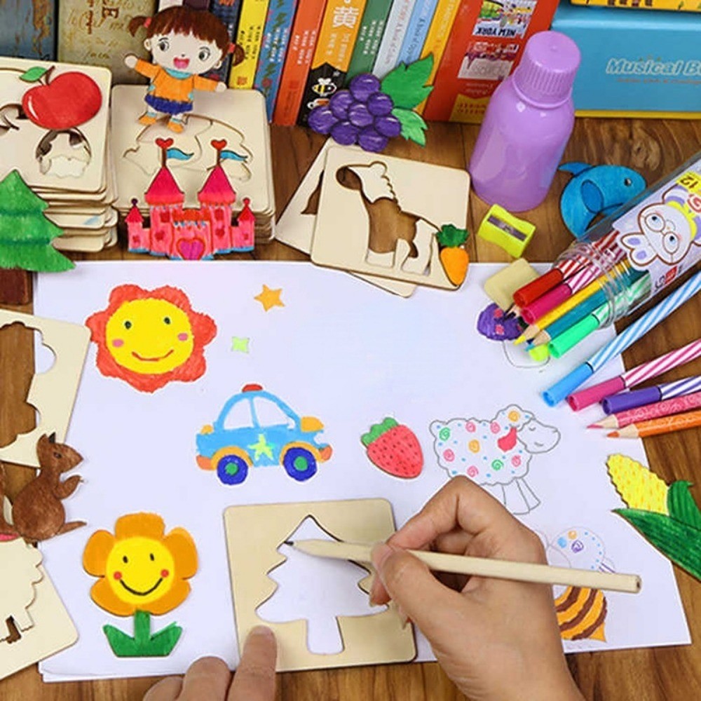 

20Pcs Montessori Kids Drawing Toys Wooden Diy Painting Template Stencils Learning Educational Toys
